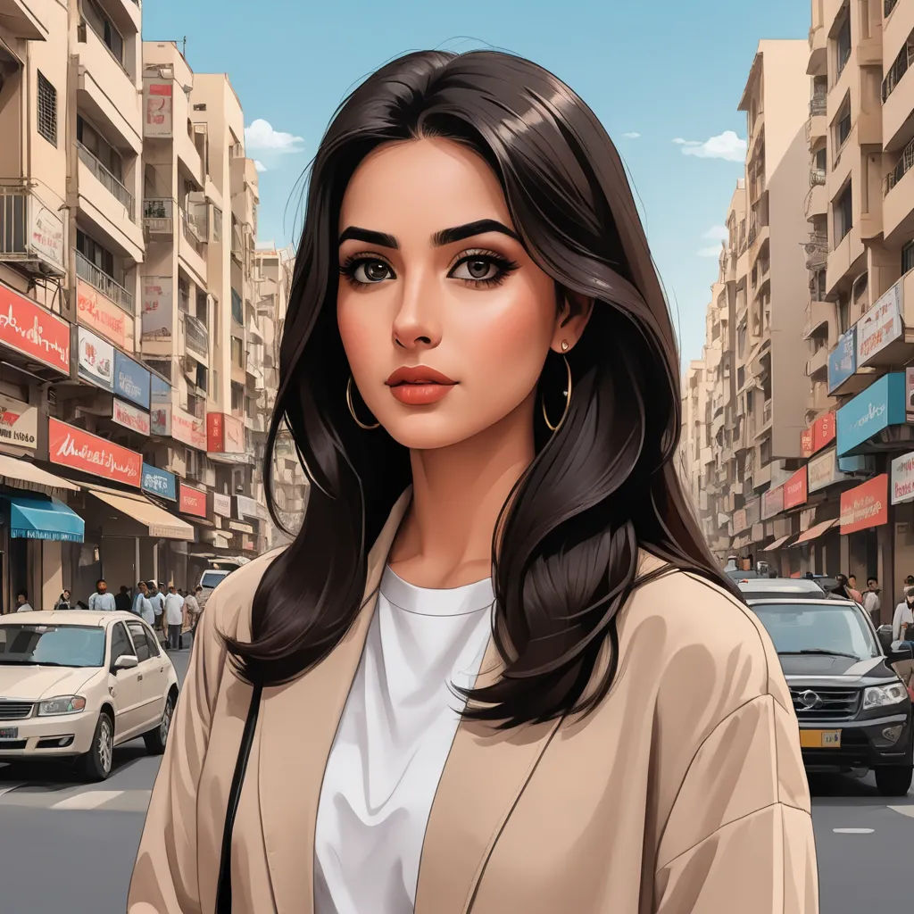 a woman in a beige jacket is standing in the street with cars and buildings in the background and a city street, photorealism, a digital painting, Alena Aenami, city background