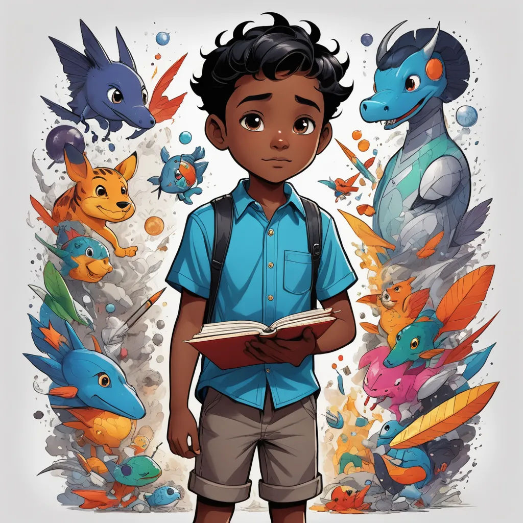 a boy standing in front of a bunch of fish and a book in his hands with a book in his hand, fantasy art, poster art, Chris LaBrooy, comic cover art