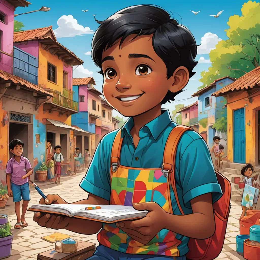 a boy is holding a book and smiling while standing in front of a colorful village with people and a bird, samikshavad, a storybook illustration, Bhupen Khakhar, comic cover art