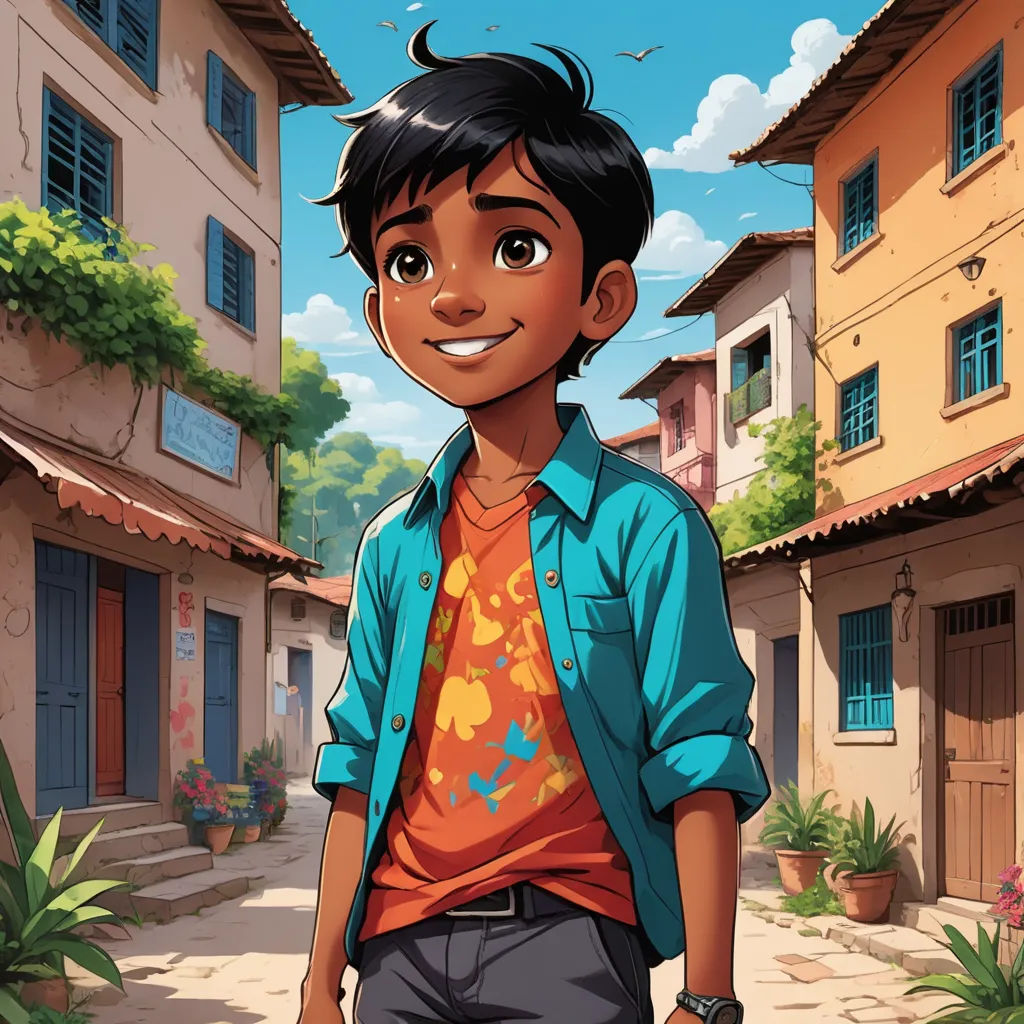 a boy in a blue shirt and a red shirt standing in front of a building with a blue sky, samikshavad, a character portrait, Cliff Childs, comic cover art