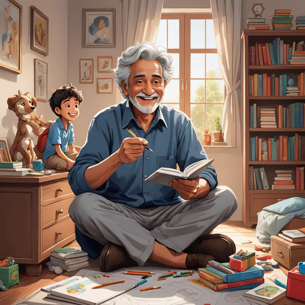 a man sitting on the floor with a book in his hand and a child standing behind him in the background, serial art, a storybook illustration, Cliff Childs, storybook illustration