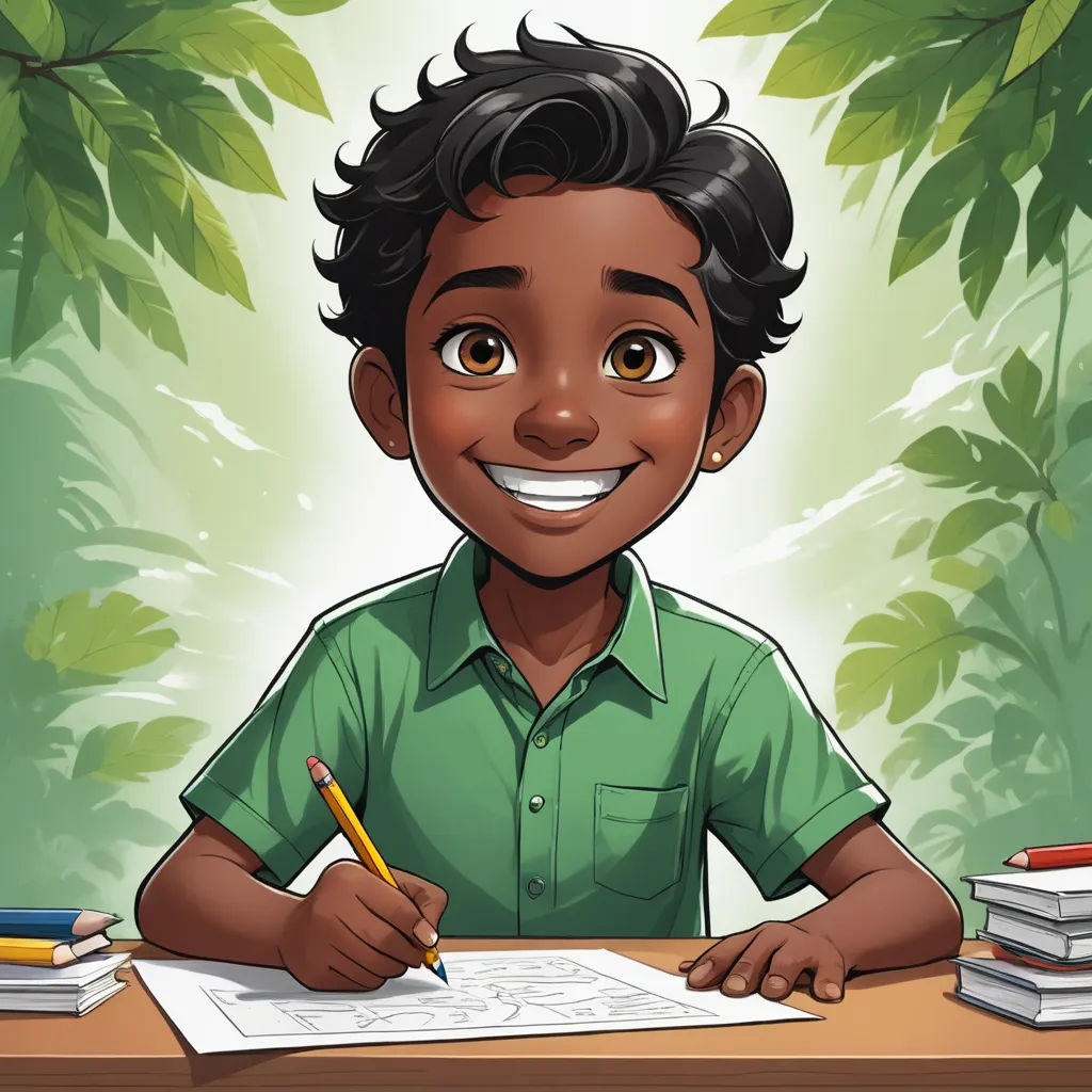 a cartoon boy is smiling while sitting at a desk with books and a pencil in his hand and a book on the desk, sots art, a character portrait, Cedric Seaut (Keos Masons), character portrait