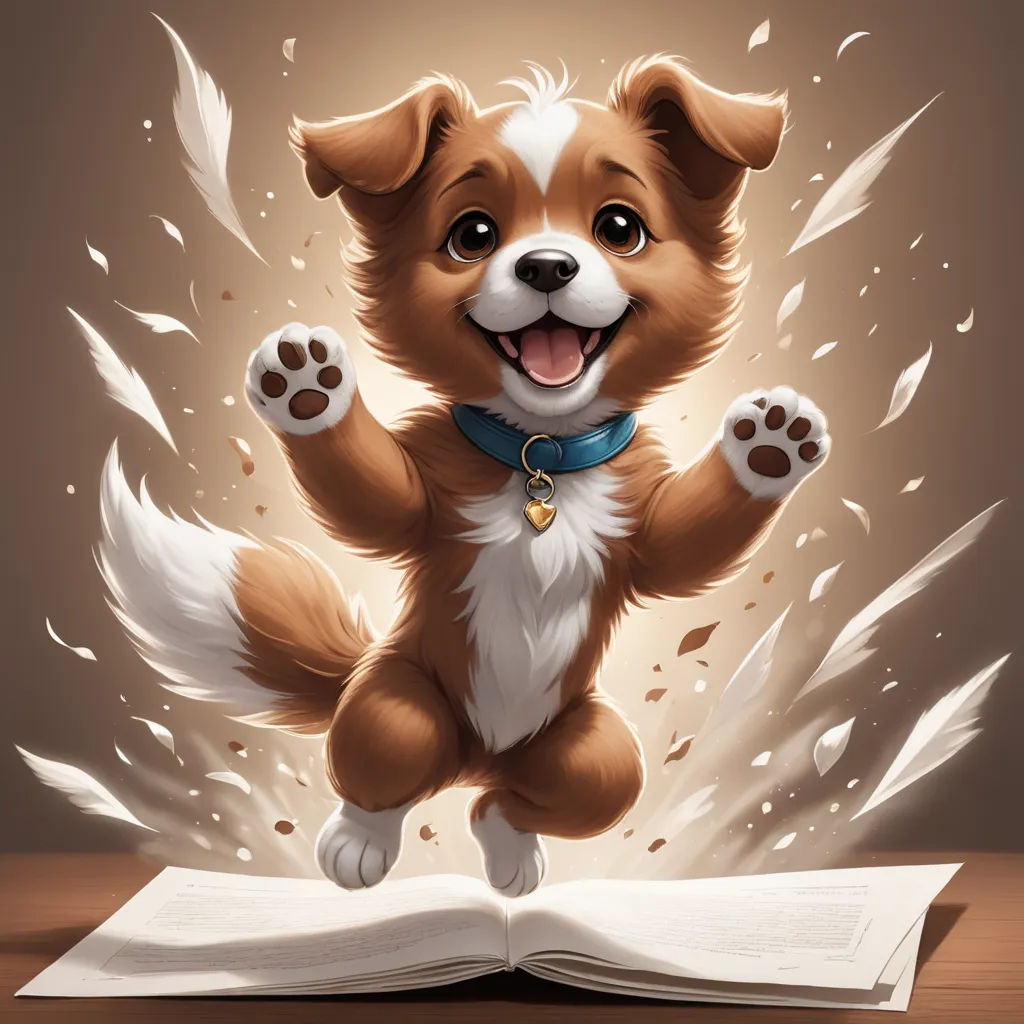 a dog is jumping up into the air while reading a book with its paws in the air and a bookmark in the foreground, furry art, a storybook illustration, Cyril Rolando, storybook illustration