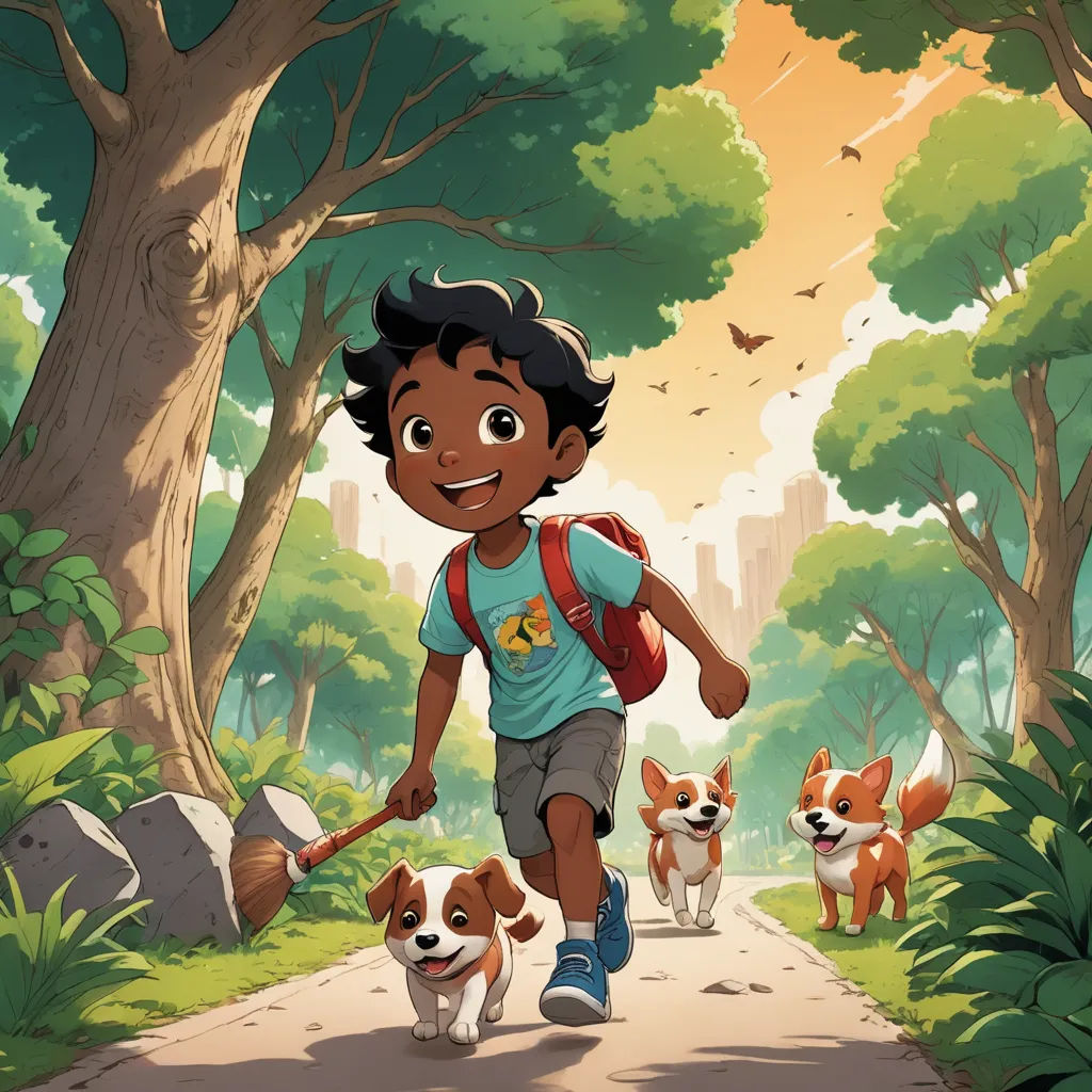 a boy walking down a path with two dogs behind him and a backpack on his back, with a dog following him, furry art, a storybook illustration, Cliff Childs, comic cover art