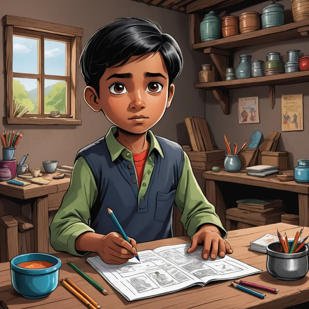 a boy is sitting at a table with a book and pencils in front of him and a bowl of soup, bengal school of art, a storybook illustration, Bhupen Khakhar, storybook illustration