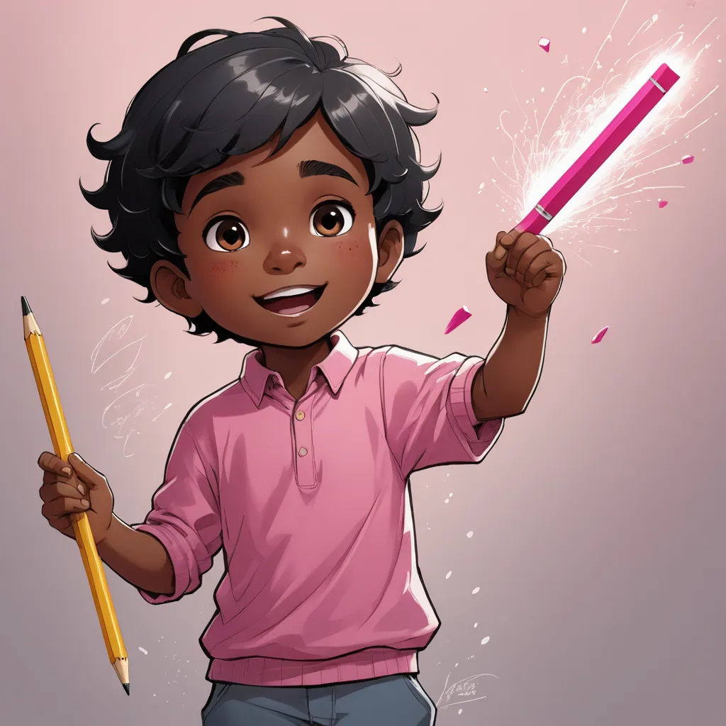 a cartoon boy holding a pencil and a sparkler in his hand and pointing to it with a smile, temporary art, a character portrait, Everett Warner, rossdraws global illumination