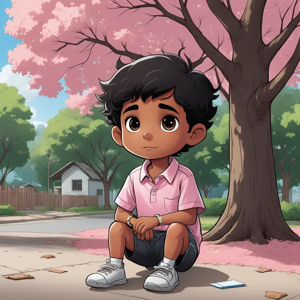 a young boy sitting on the ground in front of a tree with pink flowers on it and a house in the background, sots art, a character portrait, Eddie Mendoza, official art