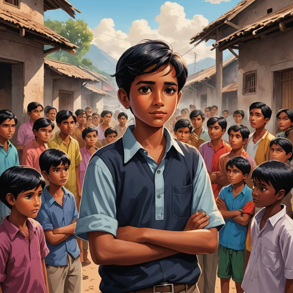 a painting of a man standing in front of a crowd of people in a village with his arms crossed, samikshavad, a storybook illustration, Bhupen Khakhar, official art