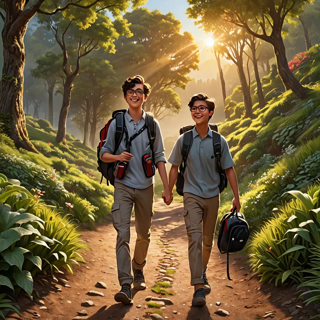 two people walking down a path with backpacks on their backs and a backpack on their back, with the sun shining through the trees, Brothers Hildebrandt, american scene painting, a digital painting, rossdraws global illumination