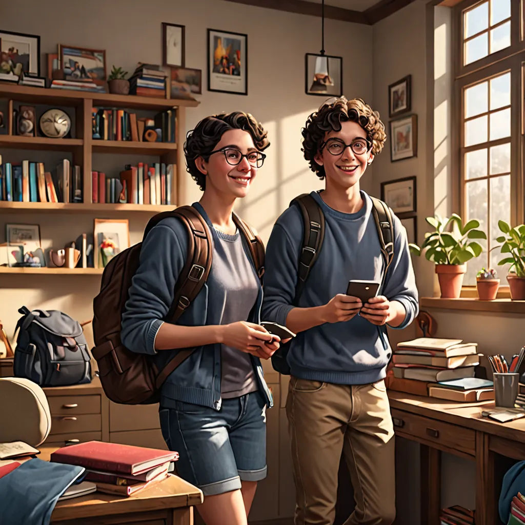 a couple of people standing in a room with a laptop and a phone in hand and a book case, Brad Kunkle, photorealism, a computer rendering, official art