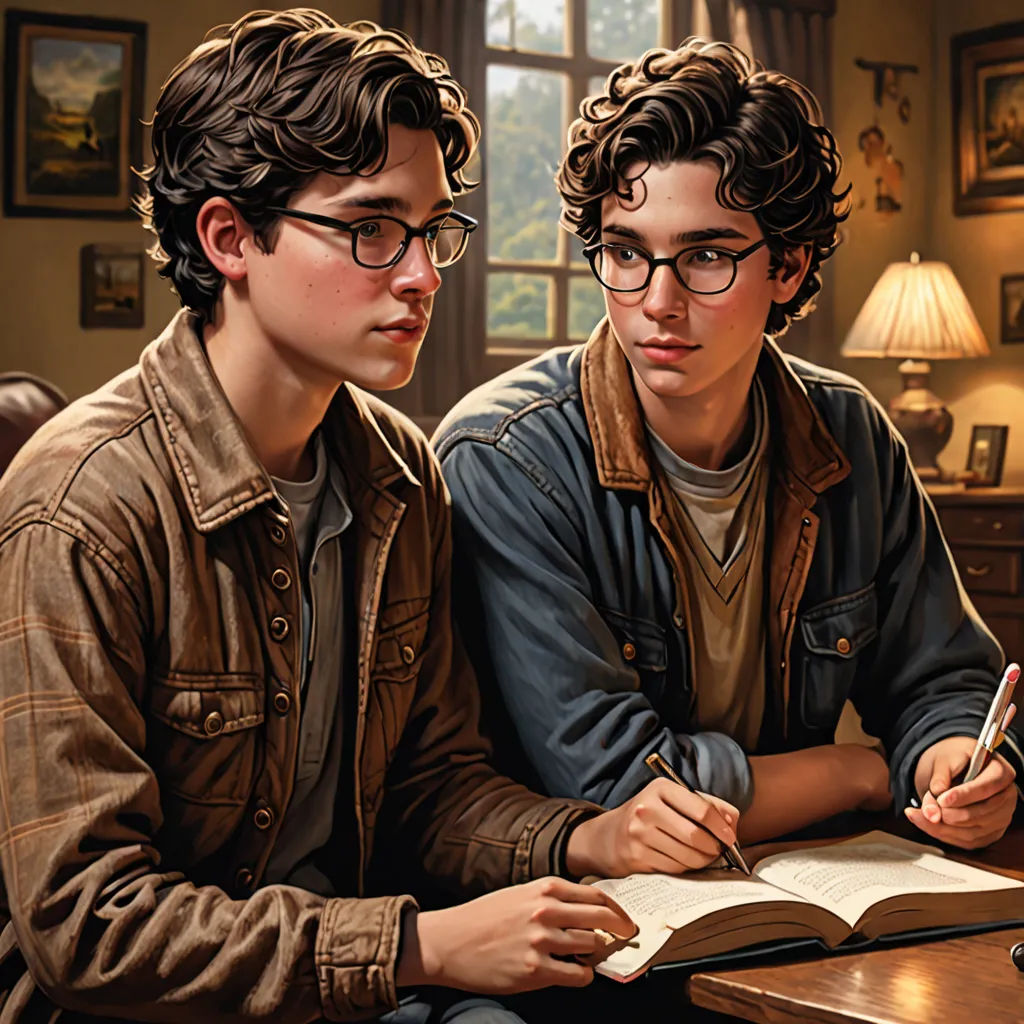 two boys sitting at a desk writing on a book and a pen in their hands, with a lamp on the side, Brothers Hildebrandt, academic art, computer graphics, professional digital painting
