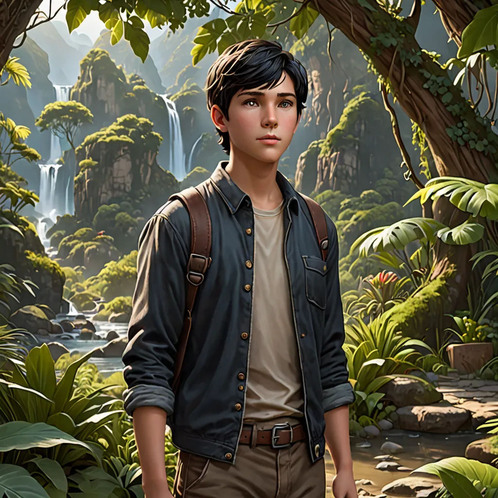 a painting of a boy standing in a forest with a waterfall in the background and a waterfall in the background, Aaron Jasinski, fantasy art, a character portrait, key art