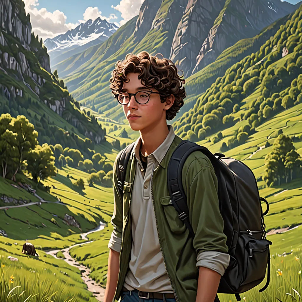 a painting of a boy with a backpack in a mountain valley with a cow in the distance and a mountain range in the background, Aaron Jasinski, american scene painting, a hyperrealistic painting, highly detailed digital painting