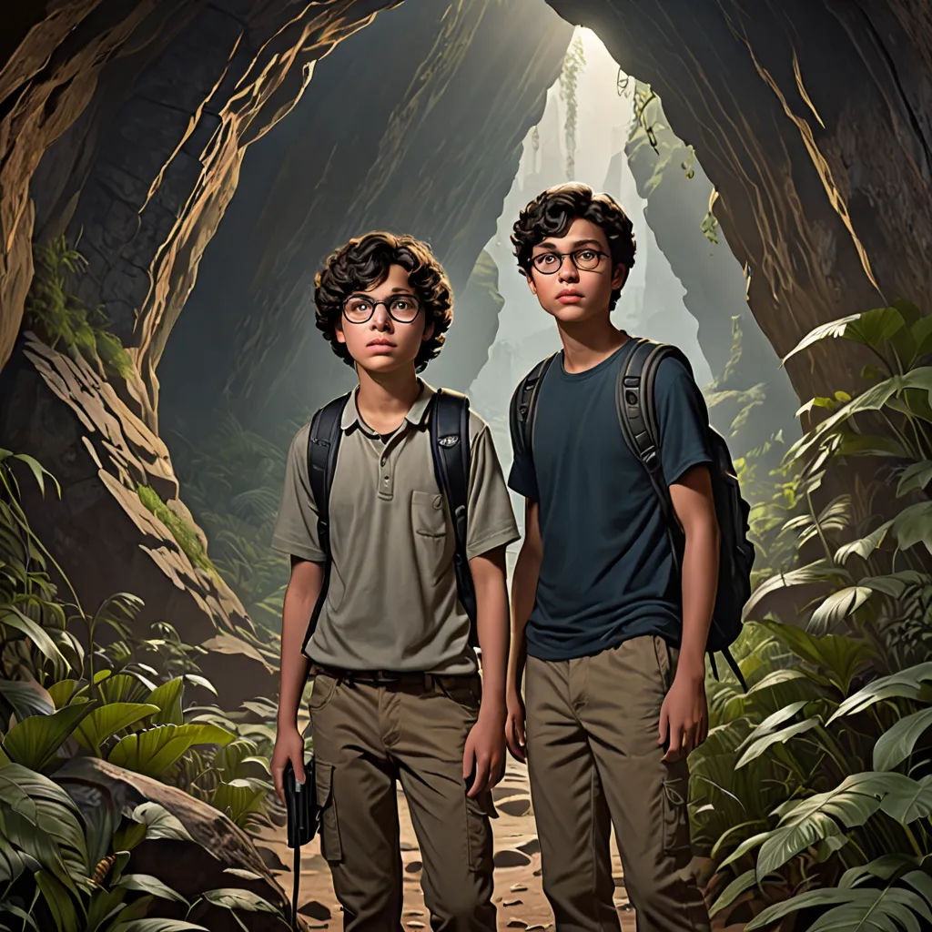 two boys are standing in a cave with a backpack on their shoulders and a backpack on their shoulder, and a camera in his hand, Brothers Hildebrandt, photorealism, a detailed matte painting, promotional image