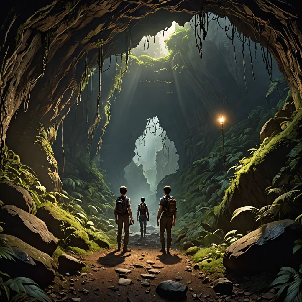 two people standing in a cave with a light on the ceiling and a light on the ground in the middle, Cliff Childs, fantastic realism, a cave painting, rossdraws global illumination