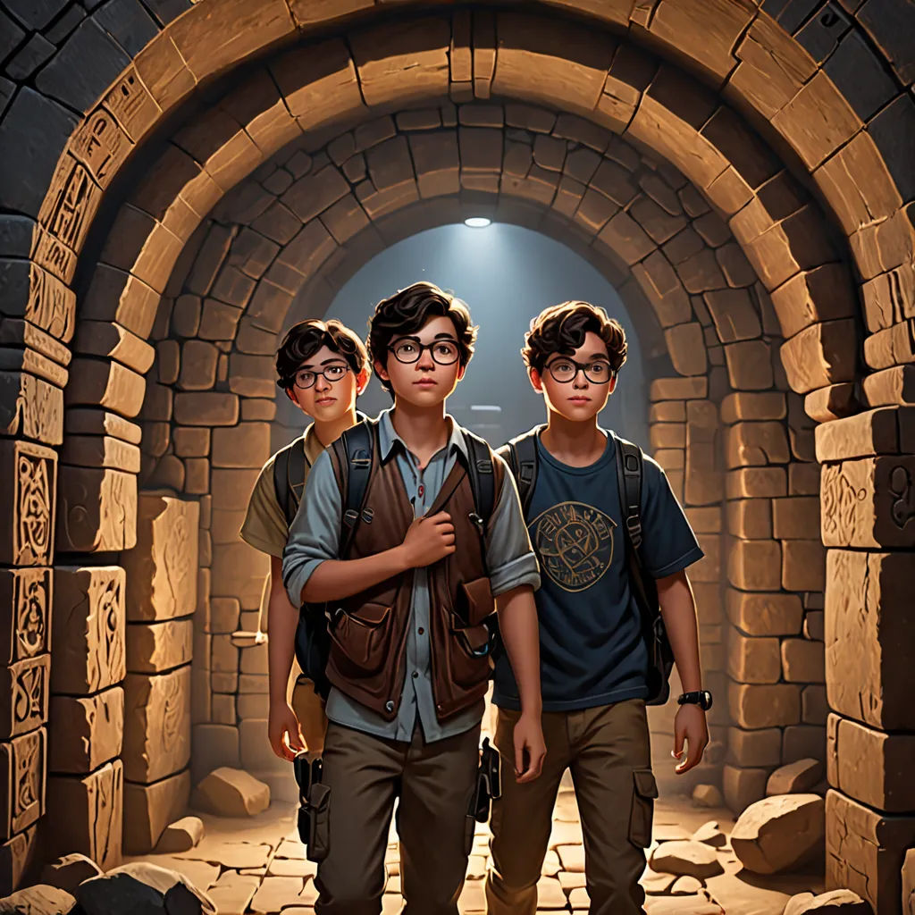 three boys are standing in a tunnel with a light on them and a camera in the other hand and a flashlight in the other hand, Adam Rex, serial art, concept art, key art