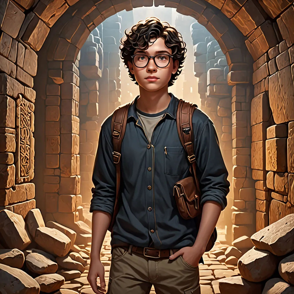 a man with glasses and a backpack standing in a tunnel with rocks and stones on the ground and a stone archway, Clint Cearley, fantasy art, a character portrait, key art