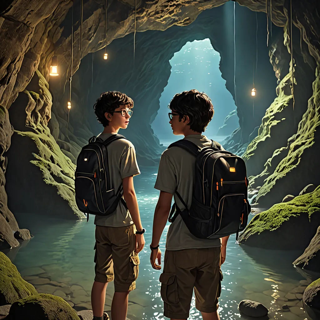 two boys are standing in a cave looking at the water and lights hanging from the ceiling above them,, Filip Hodas, photorealism, a detailed matte painting, rossdraws global illumination