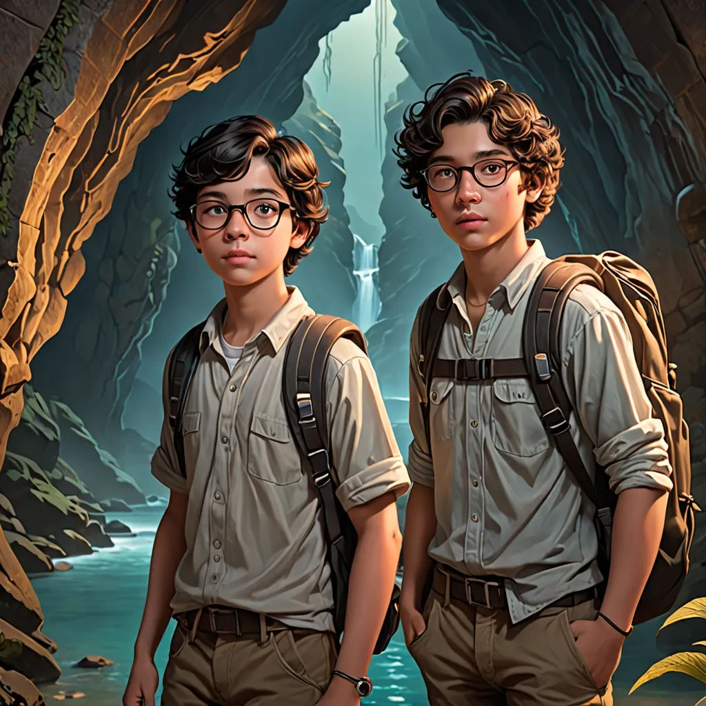 two boys standing in front of a cave with a waterfall in the background and a waterfall in the background, Brothers Hildebrandt, photorealism, concept art, key art