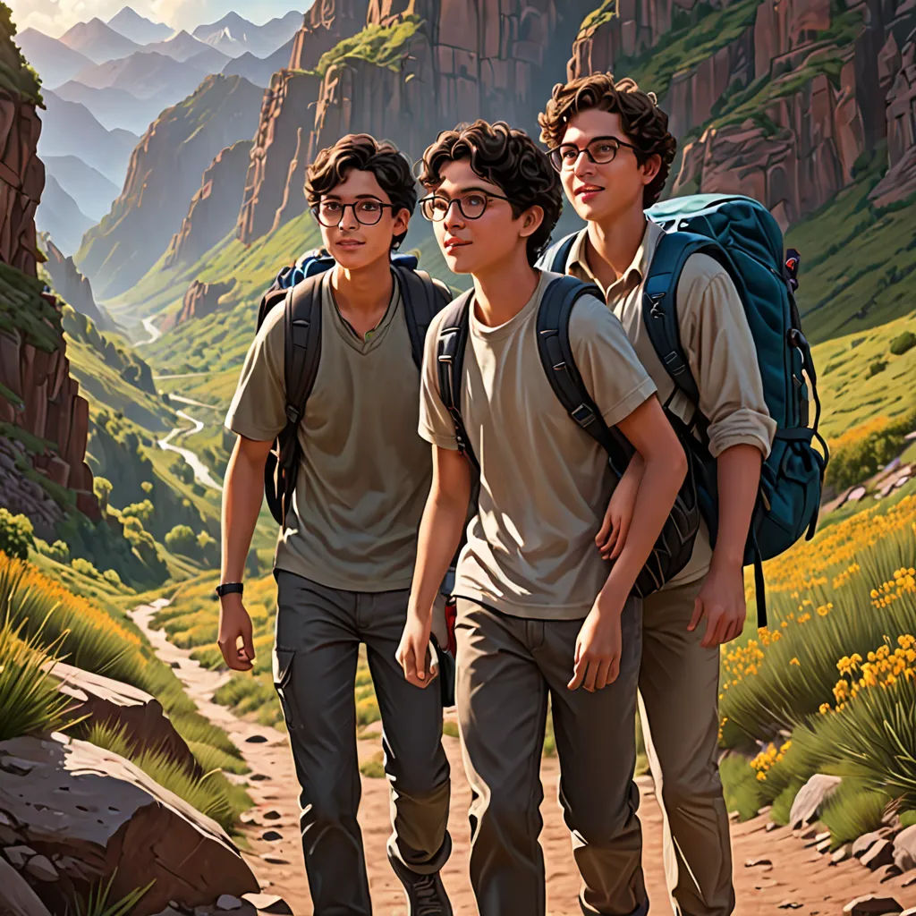 three boys are walking down a trail in the mountains with backpacks on their backs and a backpack on their shoulder, Brothers Hildebrandt, serial art, poster art, key art
