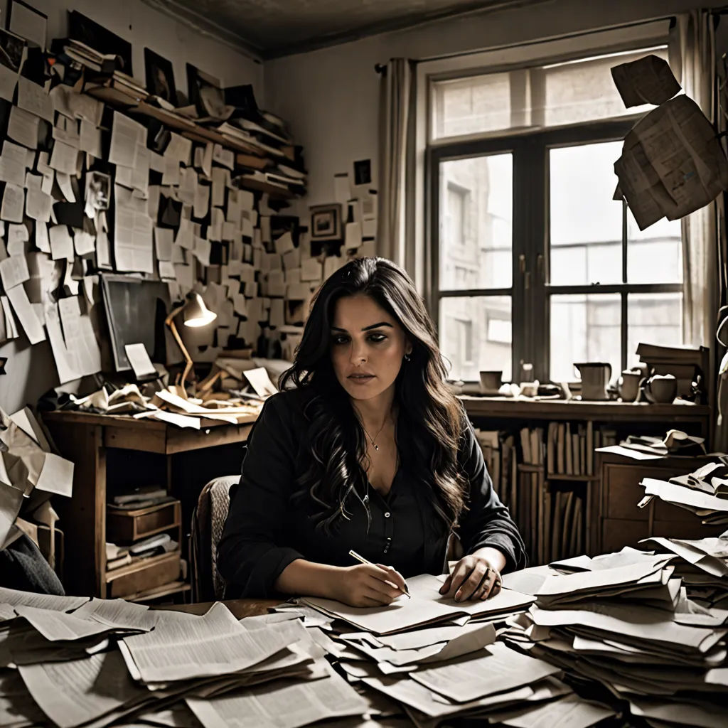 a woman sitting at a desk covered in papers and papers on top of a table next to a window, arbeitsrat für kunst, a character portrait, Annie Leibovitz, promotional image