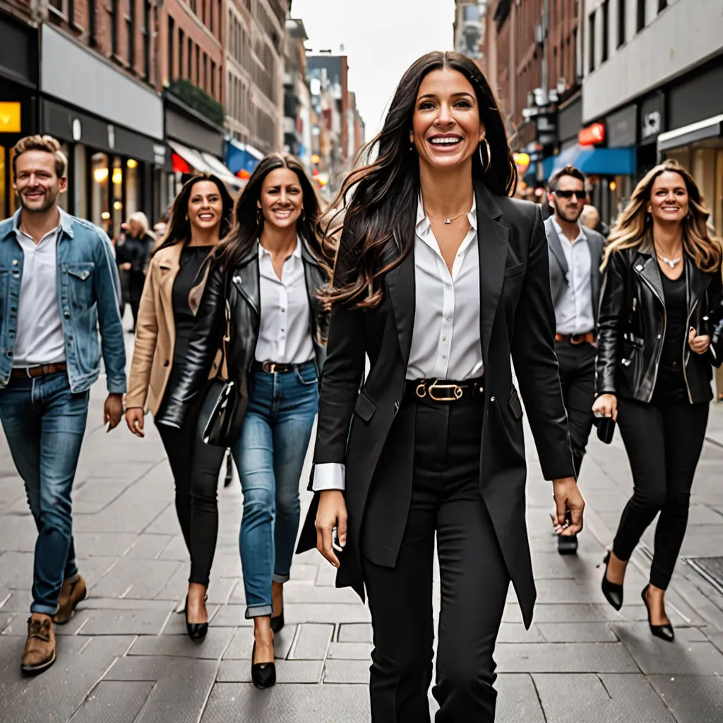 a group of people walking down a street next to each other on a sidewalk with a woman in a suit, private press, a stock photo, Christian Hilfgott Brand, promotional image
