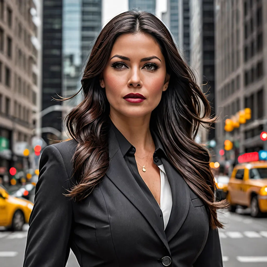 a woman in a suit is standing in the street with a taxi cab behind her and a taxi cab behind her, private press, a stock photo, Aramenta Dianthe Vail, promotional image
