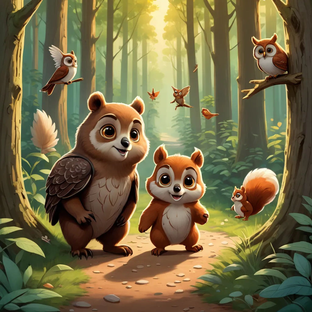 a painting of two animals in a forest with birds flying around them and a squirrel on the ground in front of them, sots art, a storybook illustration, Chris LaBrooy, key art