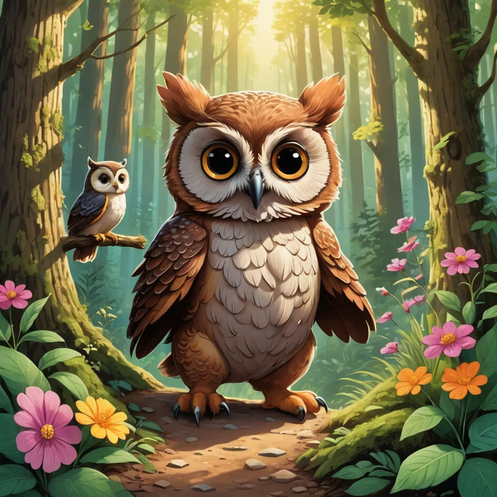a painting of an owl and its baby in a forest with flowers and trees in the background, with the sun shining through the trees, fantasy art, a storybook illustration, Chris LaBrooy, rossdraws global illumination