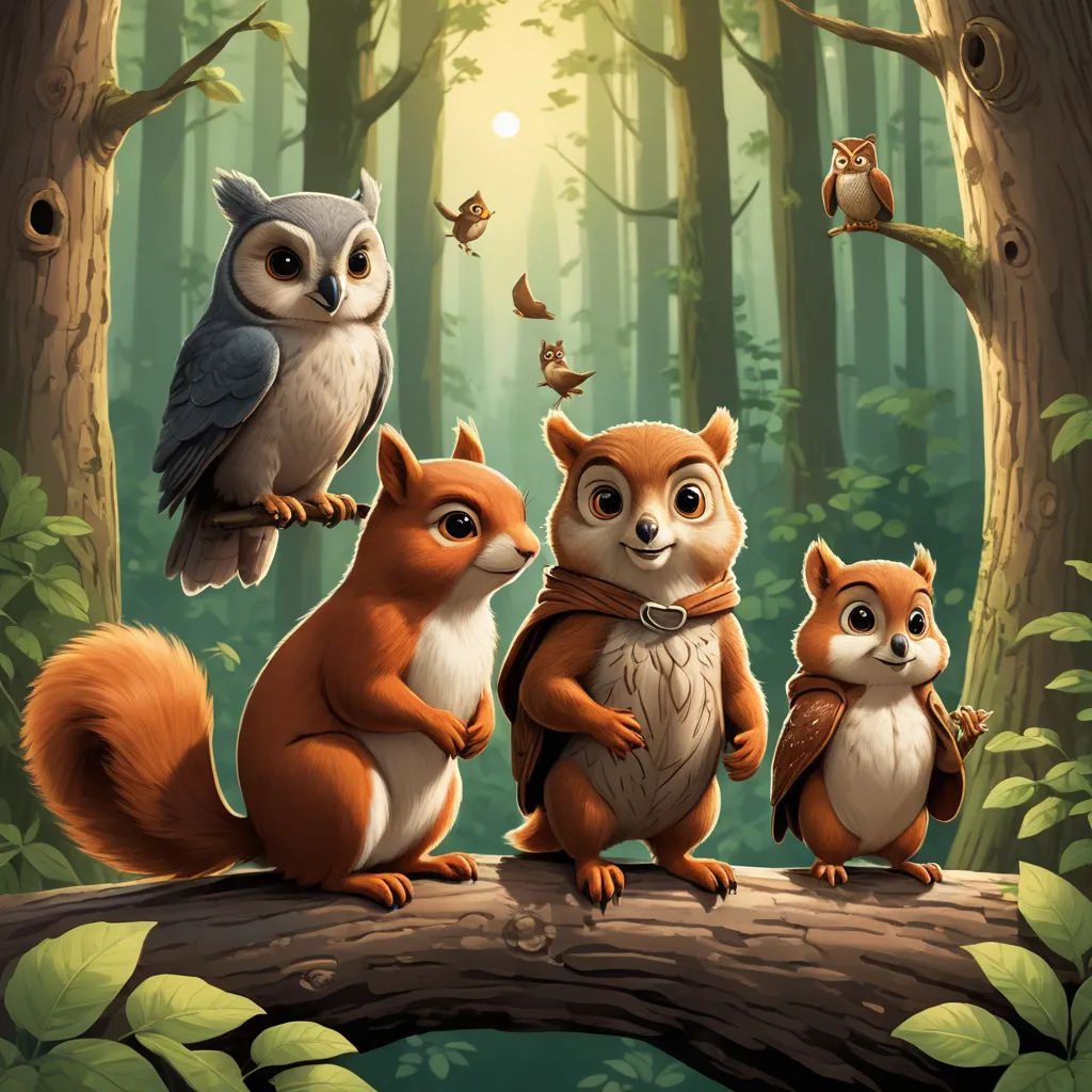 a group of animals standing on a log in a forest with a bird flying above them and a bird flying above them, sots art, a storybook illustration, Chris LaBrooy, key art