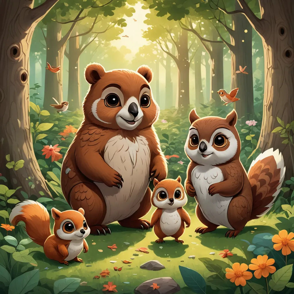 a family of three brown and white animals standing in a forest with butterflies and flowers on the ground and trees, sots art, a storybook illustration, Chris LaBrooy, key art