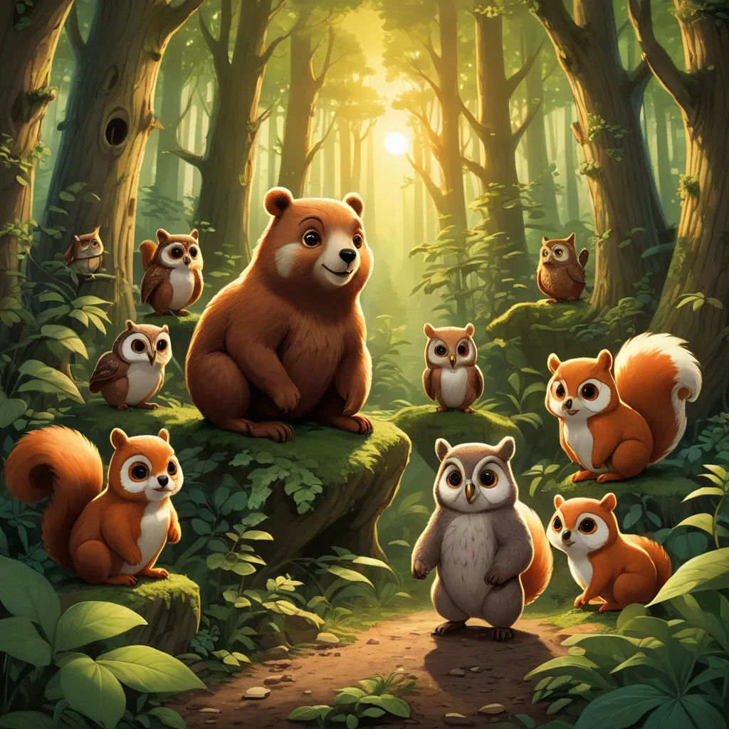 a group of animals that are in the woods together on a trail in the woods with a bear and other animals, furry art, a storybook illustration, Chris LaBrooy, official art