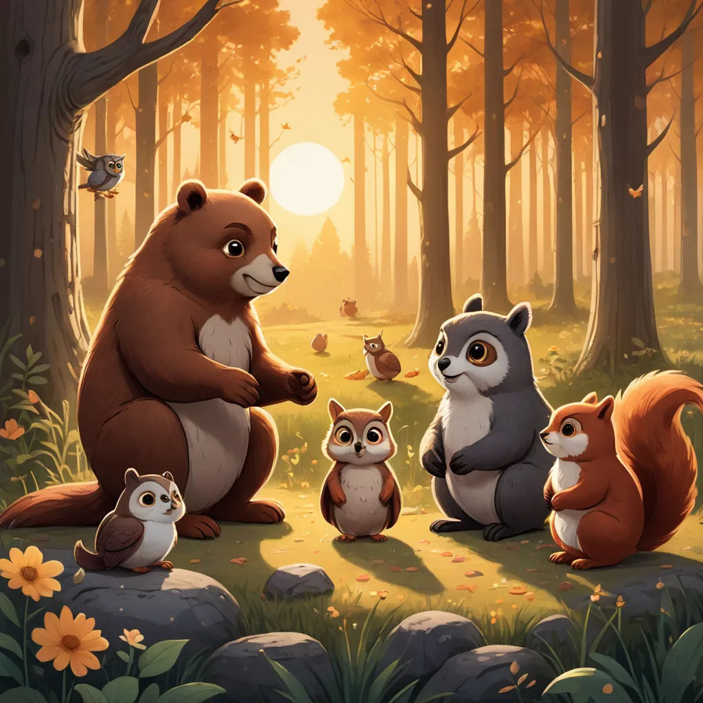 a group of animals sitting in the forest together with a sun in the background and a forest scene with flowers and trees, sots art, a storybook illustration, Chris LaBrooy, official art