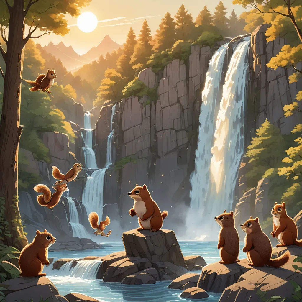 a painting of a waterfall with bears and birds in it and a waterfall in the background with birds flying around, american scene painting, a storybook illustration, Chris LaBrooy, official art