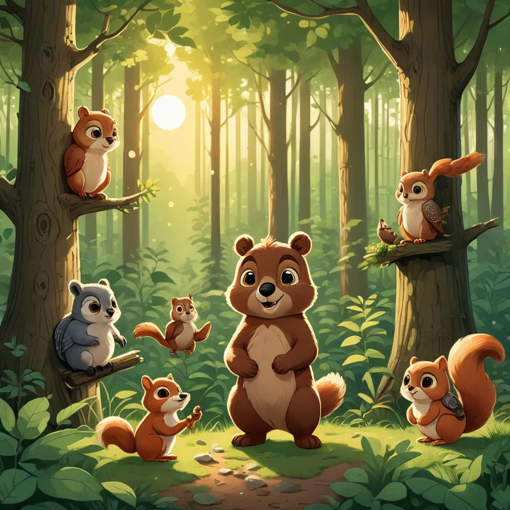 a group of animals standing in the forest together with the sun shining through the trees behind them and the ground, sots art, a storybook illustration, Chris LaBrooy, storybook illustration
