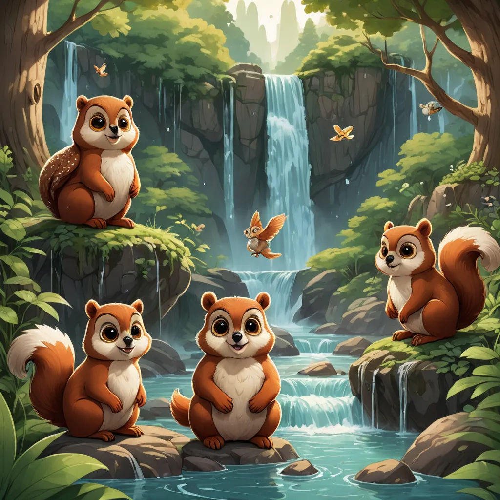 a group of animals sitting on top of a lush green forest next to a waterfall with a waterfall fall, sots art, a storybook illustration, Chris LaBrooy, splash art