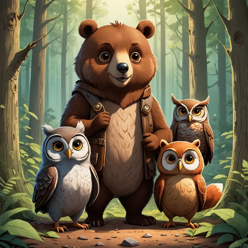 a bear with three owls standing in a forest with trees and rocks on the ground, and a forest background, sots art, a storybook illustration, Chris LaBrooy, key art