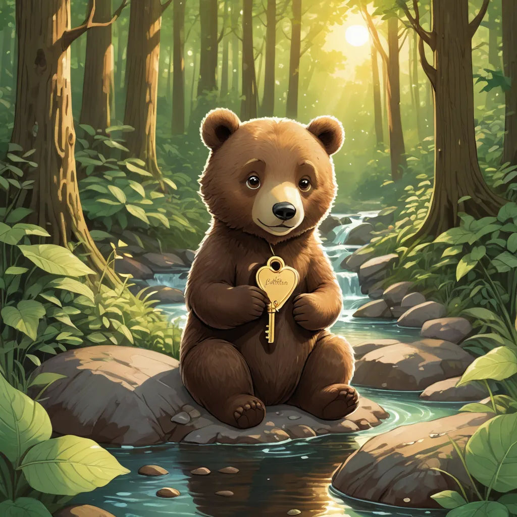 a bear holding a key sitting on a rock in a forest with a stream and trees in the background, fantasy art, a storybook illustration, Chris LaBrooy, key art