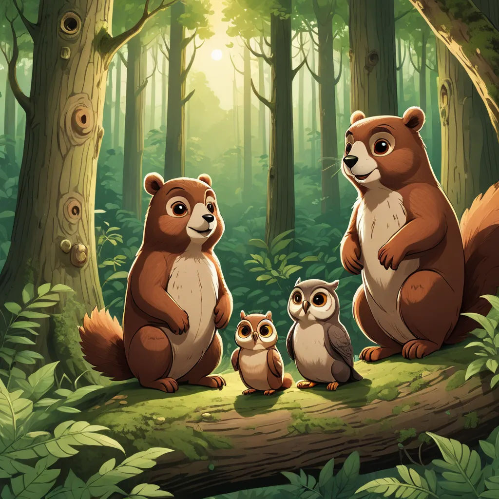 a family of three brown bears sitting on a log in a forest with a baby owl in front of them, sots art, concept art, Chris LaBrooy, official art