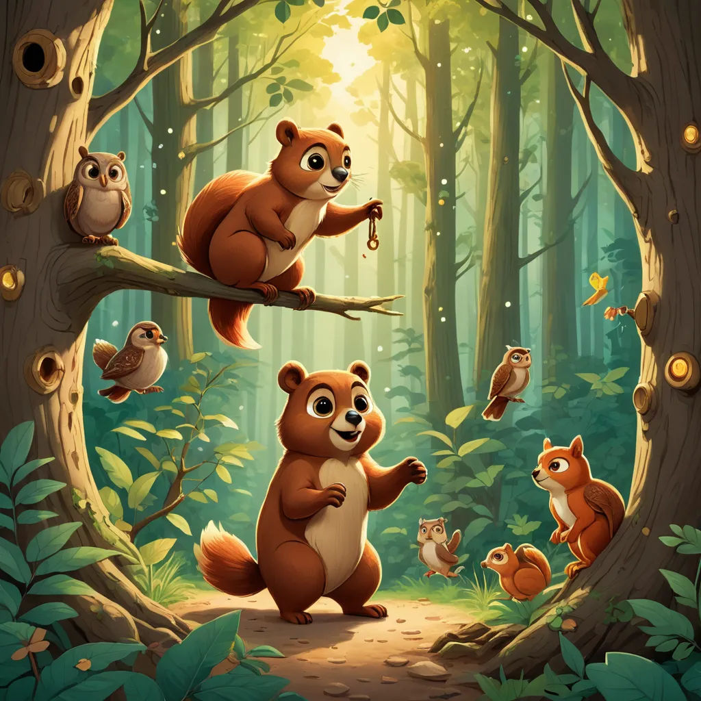 a painting of a bear and other animals in a forest with a sunbeam in the background and a forest scene with trees and leaves, sots art, a storybook illustration, Chris LaBrooy, key art