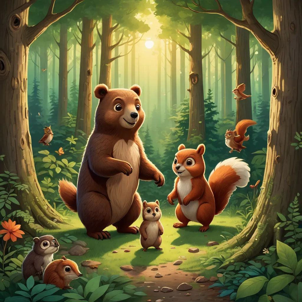 a painting of a bear and two baby bears in a forest with a sun shining through the trees and leaves, furry art, a storybook illustration, Chris LaBrooy, official art