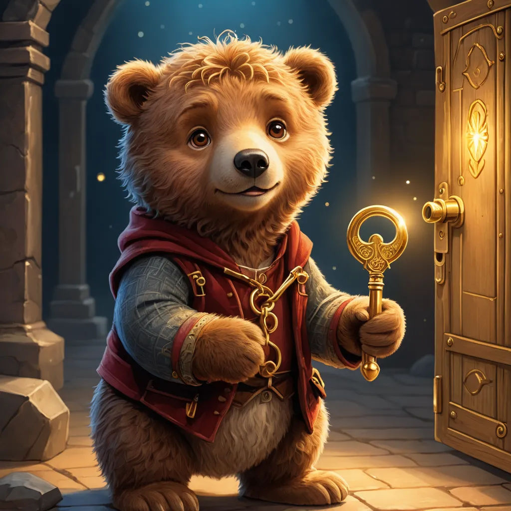 a cartoon bear holding a key in a doorway with a light shining on it's face and a door open, fantasy art, a character portrait, Chris LaBrooy, key art