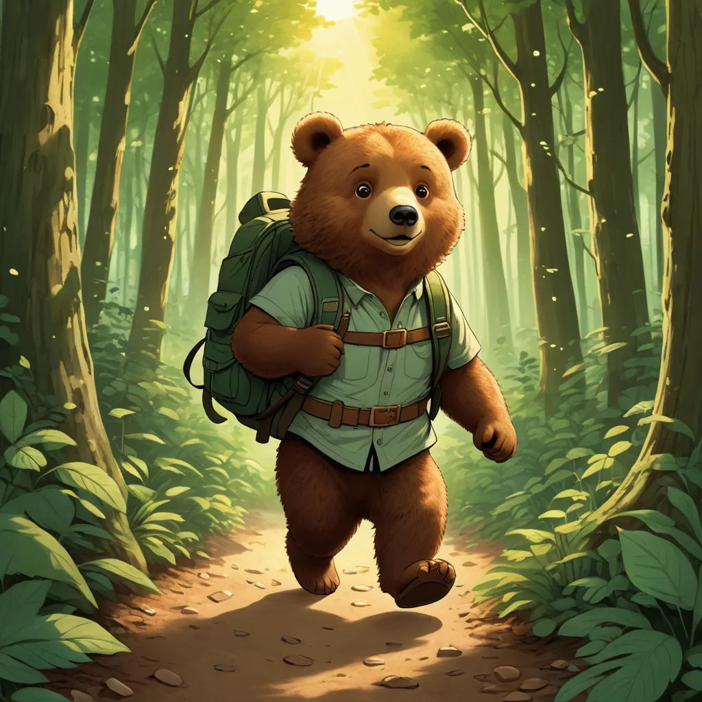 a bear with a backpack is walking through a forest with trees and leaves on the ground and a trail, furry art, a character portrait, Dan Mumford, official art
