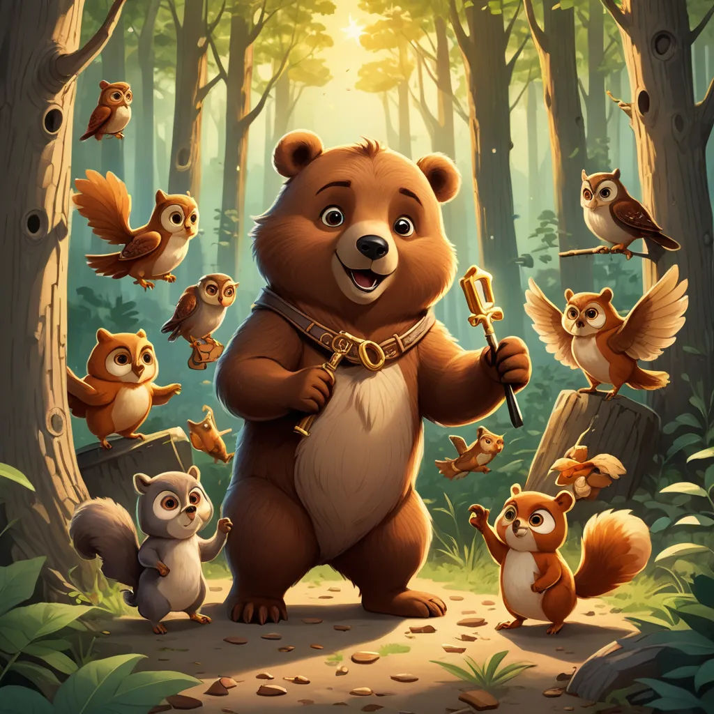 a bear with a sword surrounded by other animals in a forest with trees and leaves on the ground and a sun shining through the trees, sots art, a storybook illustration, Chris LaBrooy, key art