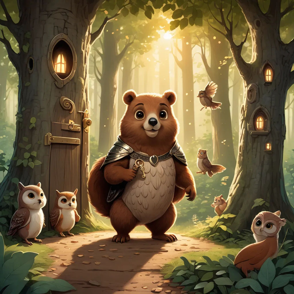 a bear standing in the middle of a forest with owls and a bird on it's back and a door to another forest, fantasy art, a storybook illustration, Chris LaBrooy, key art