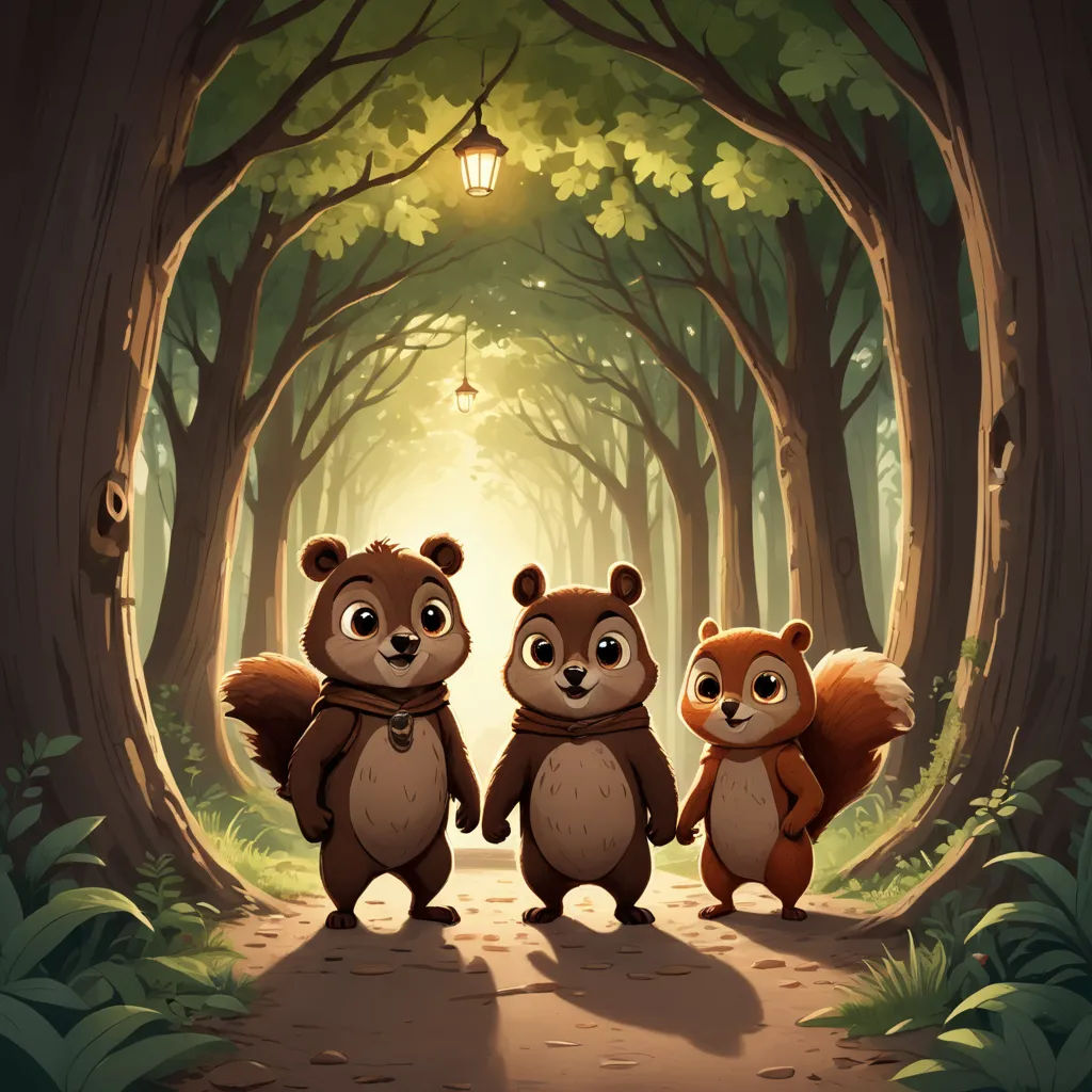 three little brown bears standing in a forest with a light shining through the trees on a sunny day with a lantern, sots art, a storybook illustration, Chris LaBrooy, storybook illustration