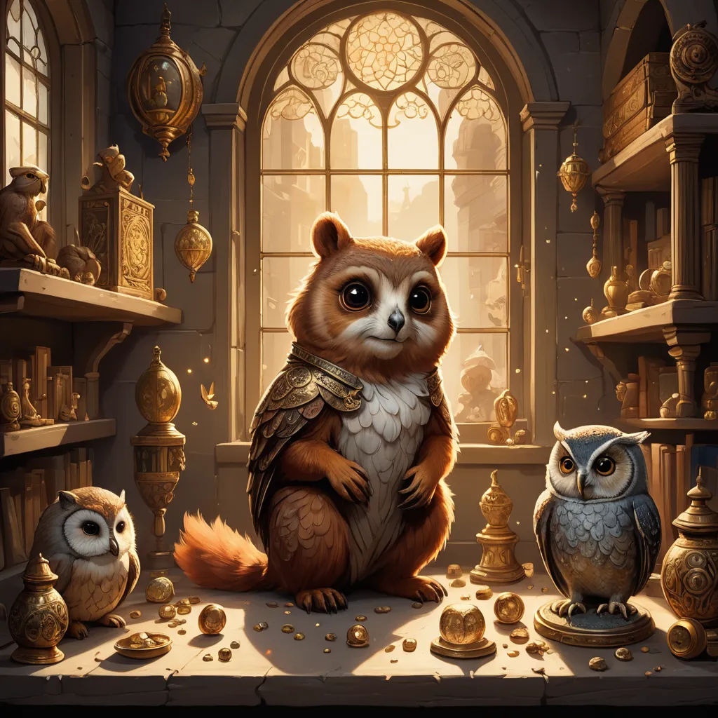 a painting of a racoon sitting on a table surrounded by owls and other objects in a room, fantasy art, a character portrait, Chris LaBrooy, magic the gathering artwork
