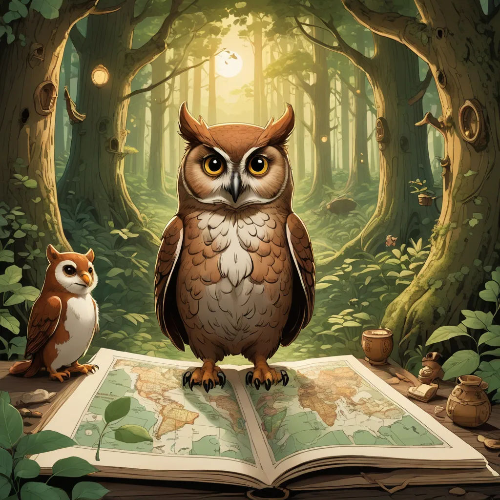 an owl and a bird are sitting on a book in a forest with a map and lantern lights on, fantasy art, a storybook illustration, Chris LaBrooy, rossdraws global illumination
