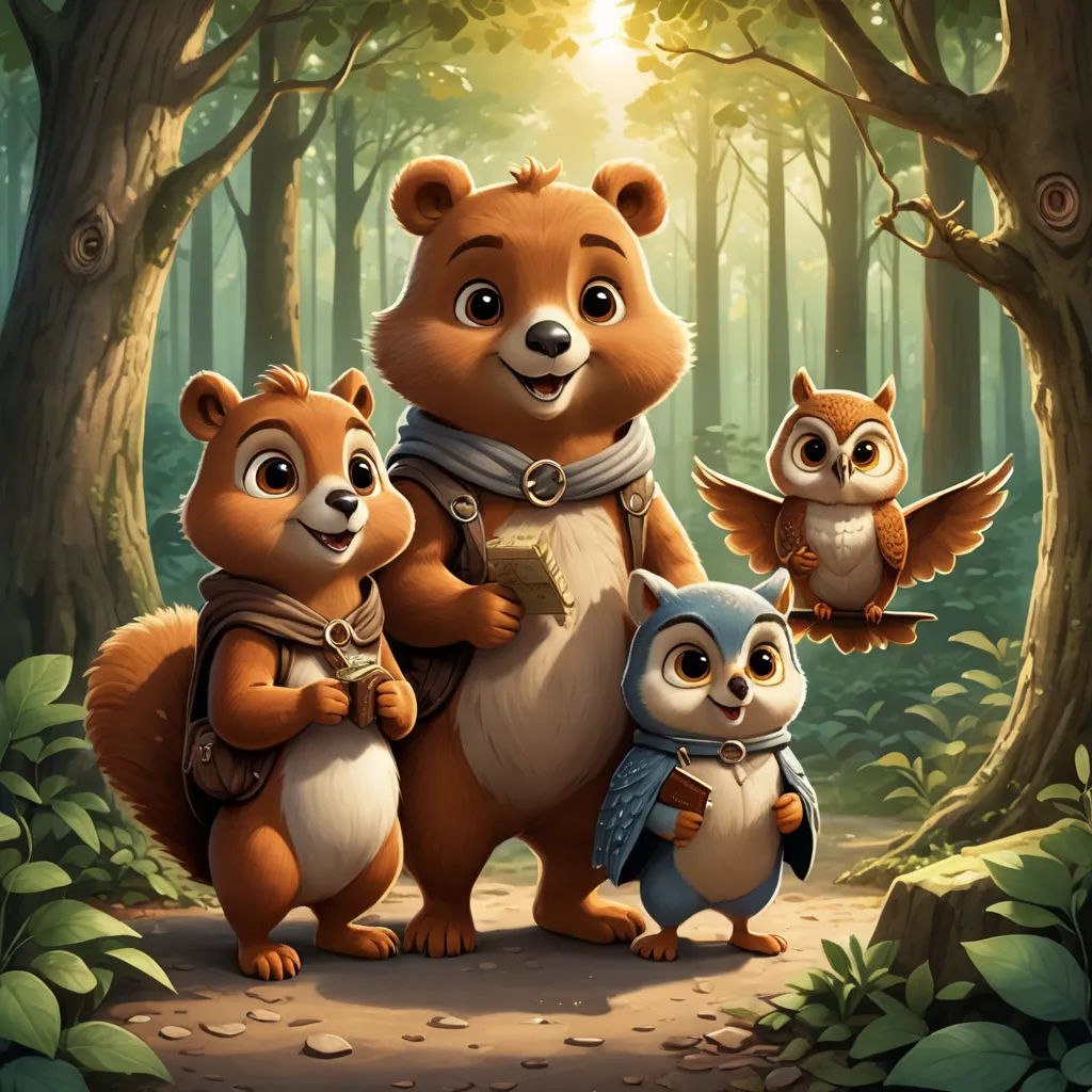 a bear and two owls standing in a forest with sunlight shining through the trees and leaves on the ground, sots art, poster art, Chris LaBrooy, key art