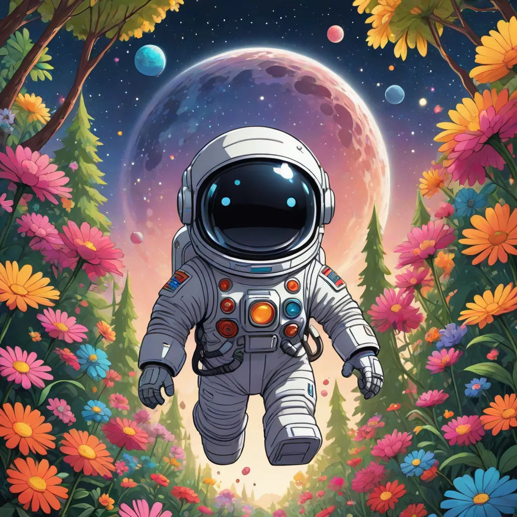 an astronaut floating in the air above flowers and trees with a full moon in the background, with a full moon in the sky, space art, poster art, Chris LaBrooy, josan gonzales and dan mumford